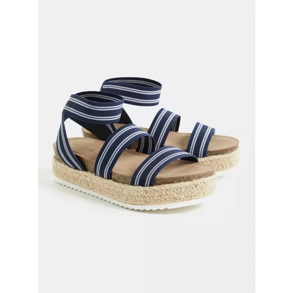 Torrid Women Cushion Elastic Navy White Stripe Espadrille Platform SZ 9 WIDE